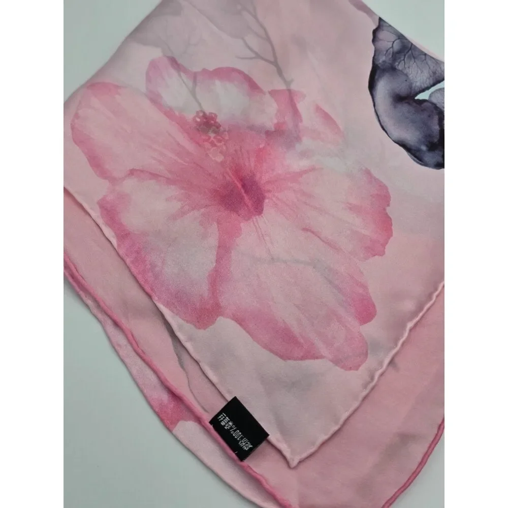 Chinese Silk Scarf Pink Hand Sewn Edges Floral blossom 20.5 x 66 Quiet Luxury